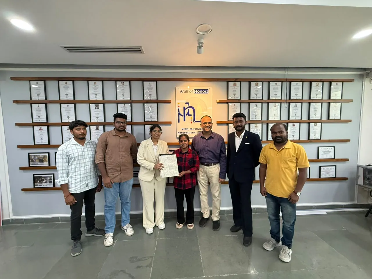 The VidyuthLabs team with faculty at the MEMS, Microfluidics and Nanoelectronics lab, BITS Pilani Hyderabad Campus